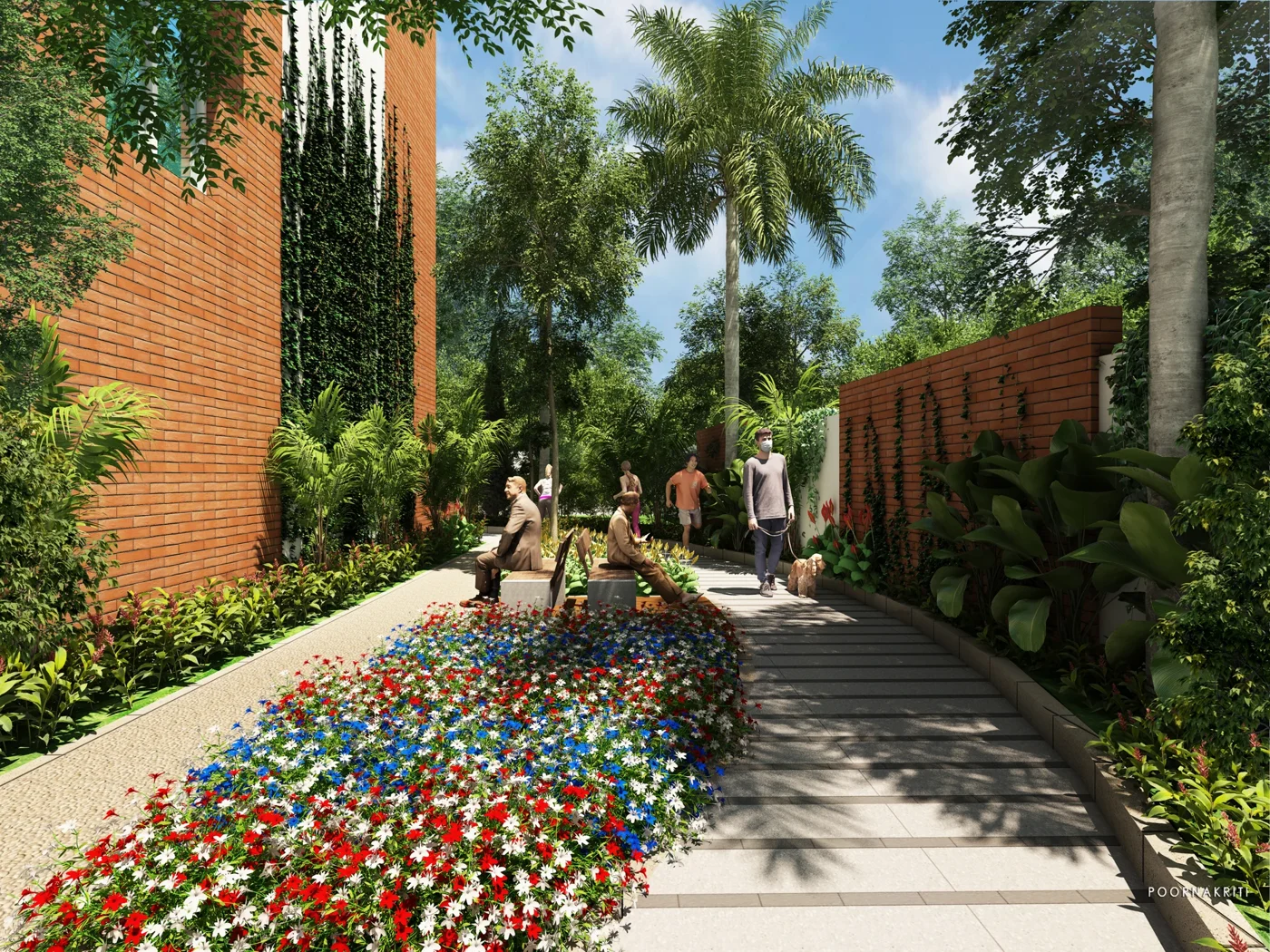 Flower-lined walking path through the butterfly garden