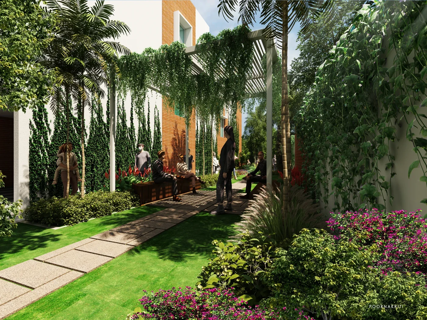 A quiet landscaped garden with shaded seating