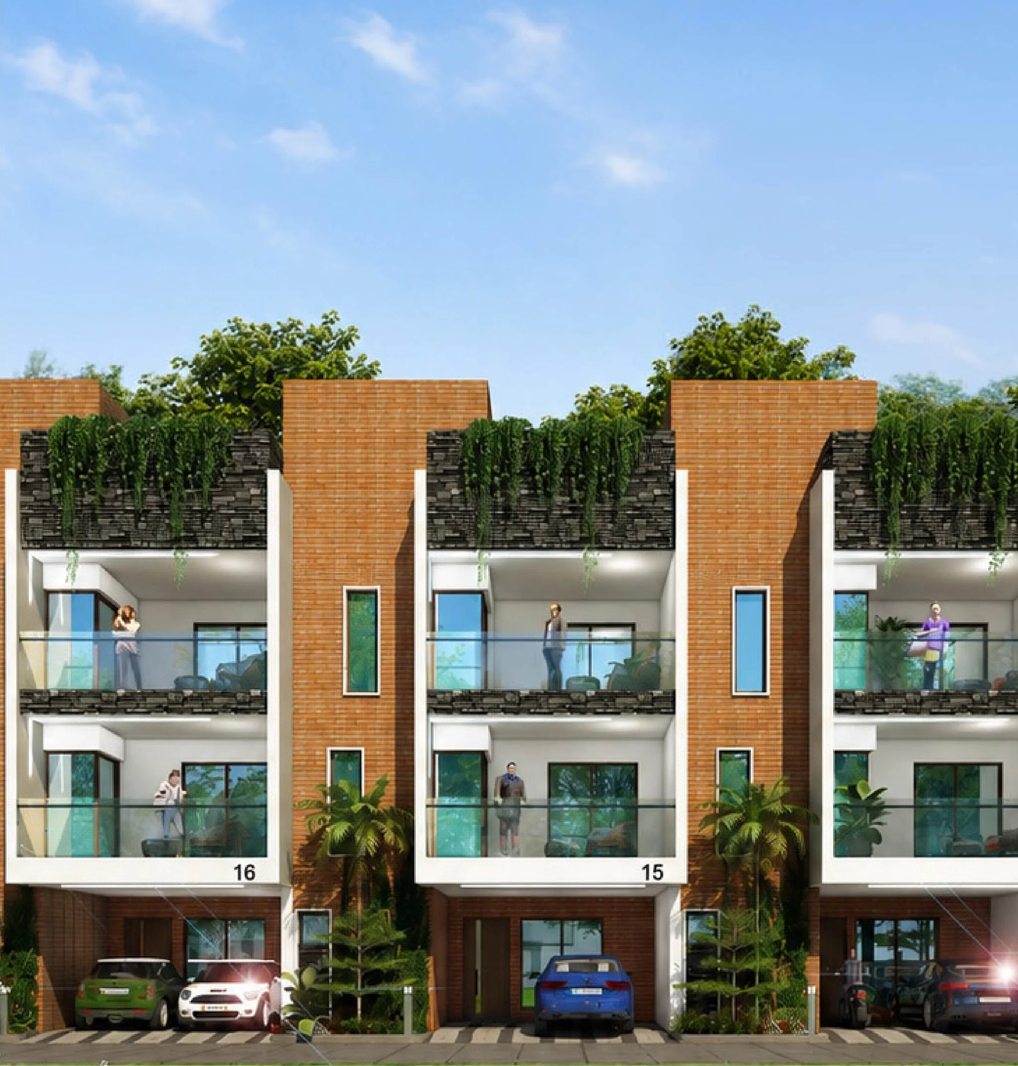 Contemporary Saffron Crest villas with brick façades and landscaped balconies