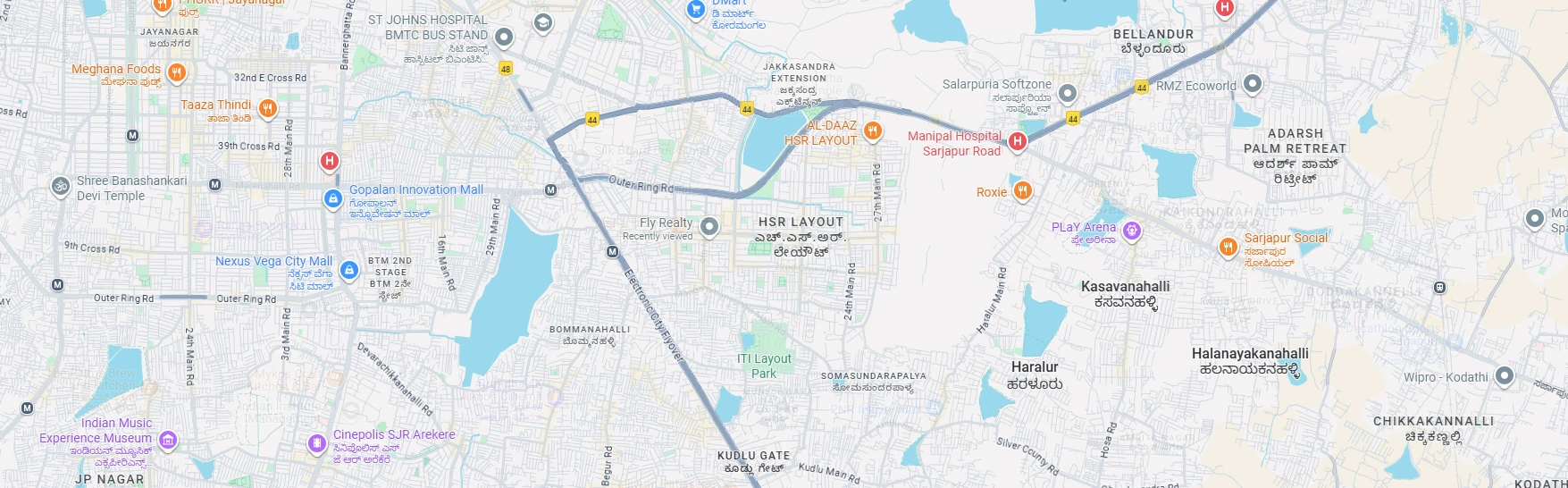 Map of Sarjapura and the surrounding East Bengaluru neighbourhoods