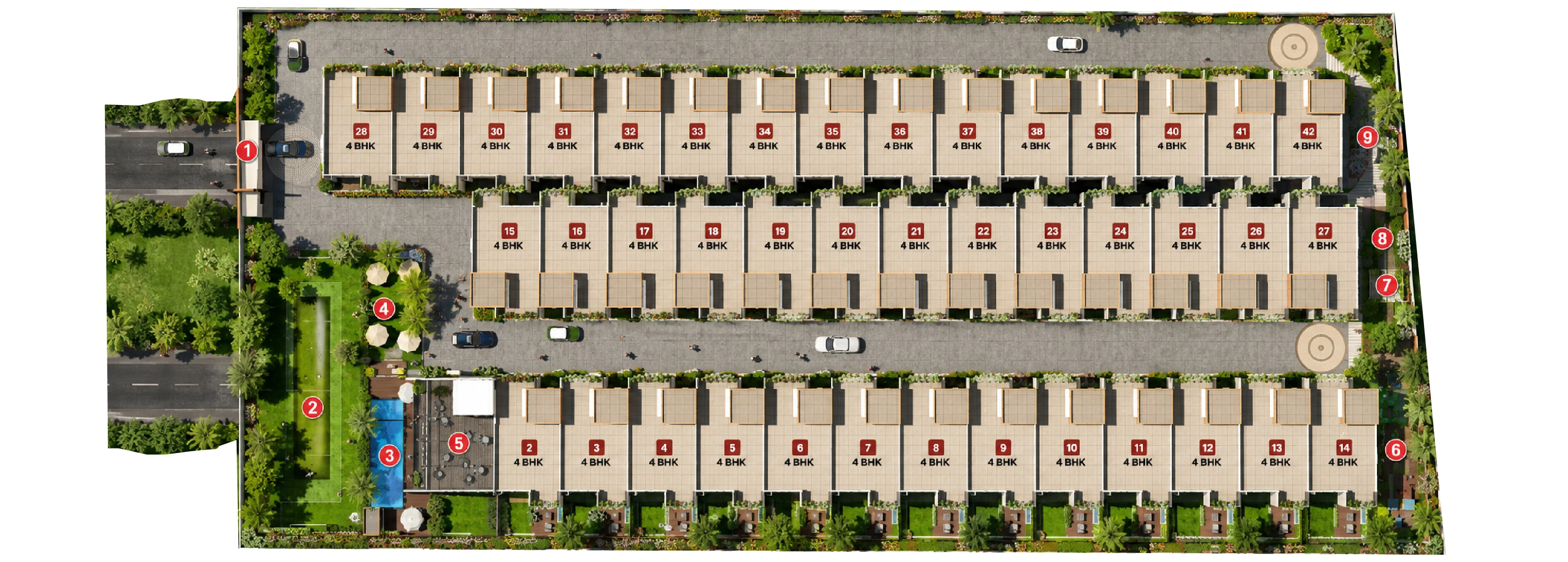Saffron Crest master plan showing 41 villas, internal roads, clubhouse, and landscaped amenities