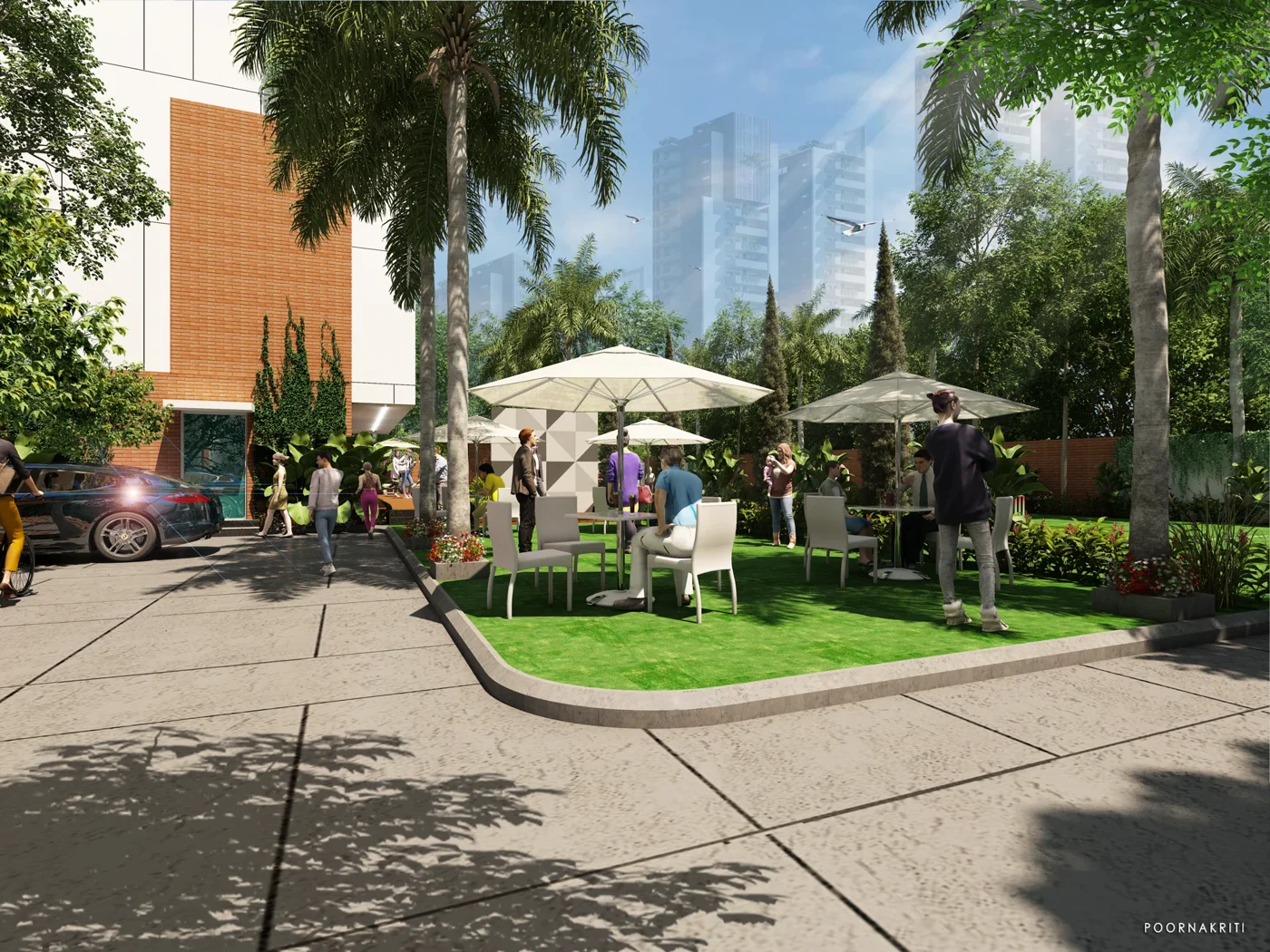 Outdoor party lawn with shaded seating