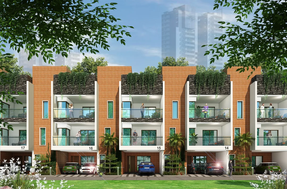 Contemporary Saffron Crest villas with brick façades, green terraces, and dual car parking